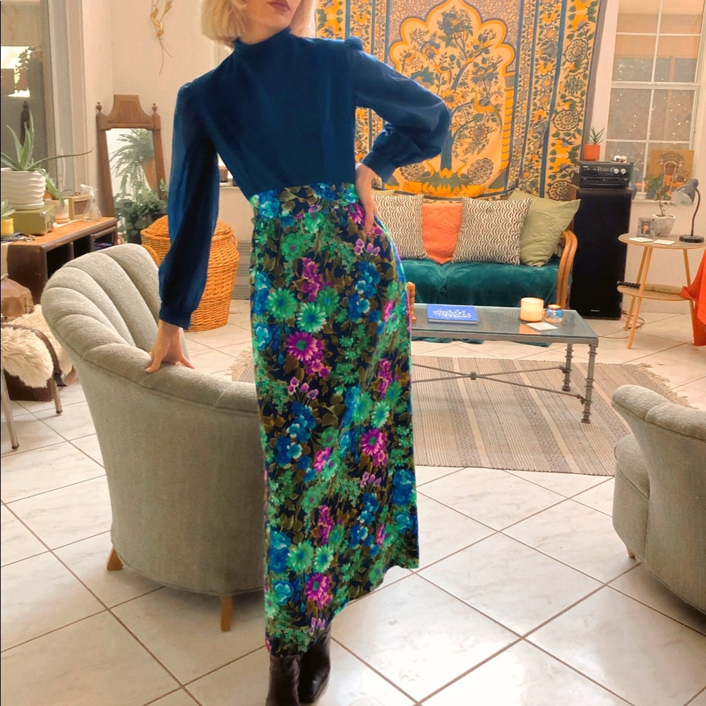 Handmade 70s long mock neck blue floral maxi dress
